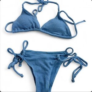 Blue Textured Tie-Side Bikini Set